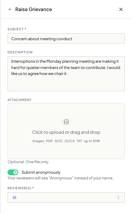 Raising a grievance anonymously. Your reviewers see “Anonymous” in place of your name.